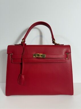 Carbotti Calf Leather Gold Hardware Structured Top-Handle Bag - Made in Italy